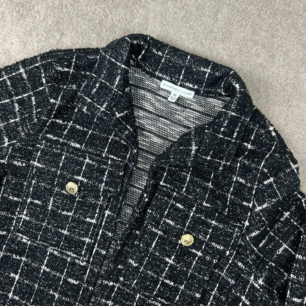 Sincerely Jules Cropped Blazer Jacket Women's XL Black White Plaid Tweed Sparkle